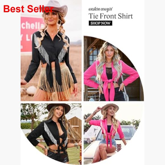 Sparkly Fringe Cropped Button Down Shirt with Rolled 3/4 Sleeves - Picture 5 of 7